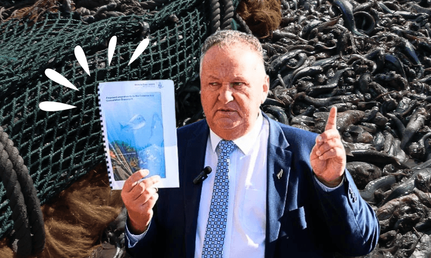 Shane Jones holding a printed document and pointing his finger. Dead fish and net behind him.