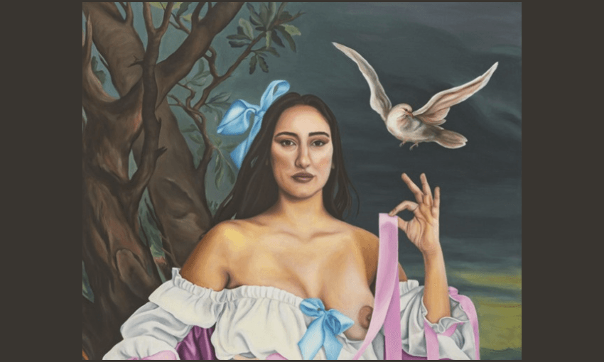 A woman with long dark hair, wearing an off-the-shoulder white dress and blue bow, poses in front of a tree. She holds a pink ribbon and gestures with her hand as a white dove flies nearby against a dark sky.