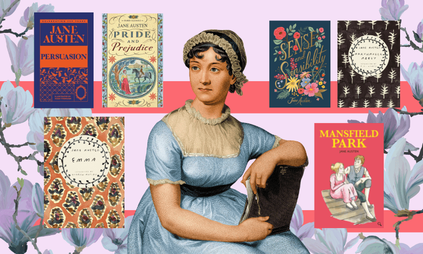 A painting of Jane Austen with her six novels (covers) around her.