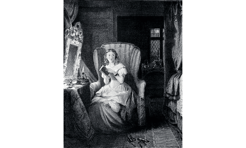 A black and white etching of Catherine Morland from Northanger Abbey by Jane Austen. 