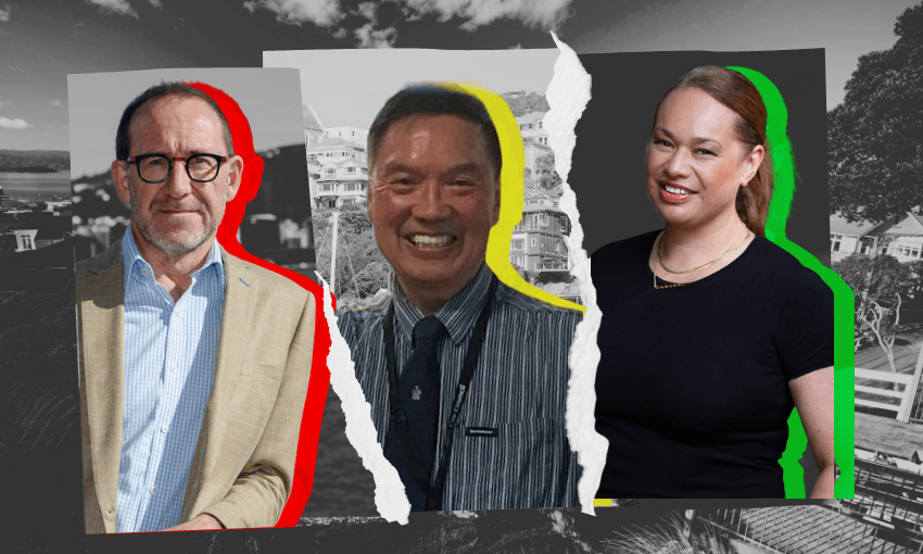 Three people stand separately against a black-and-white backdrop of buildings and trees. Each person is outlined with a different color: red, yellow, and green. The image has a torn paper collage effect.