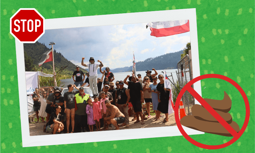 A group of people posing happily outdoors near a lake, with hills in the background. A red stop sign and a "no poop" symbol are overlaid on the image. Flags are visible, and it is a sunny day.