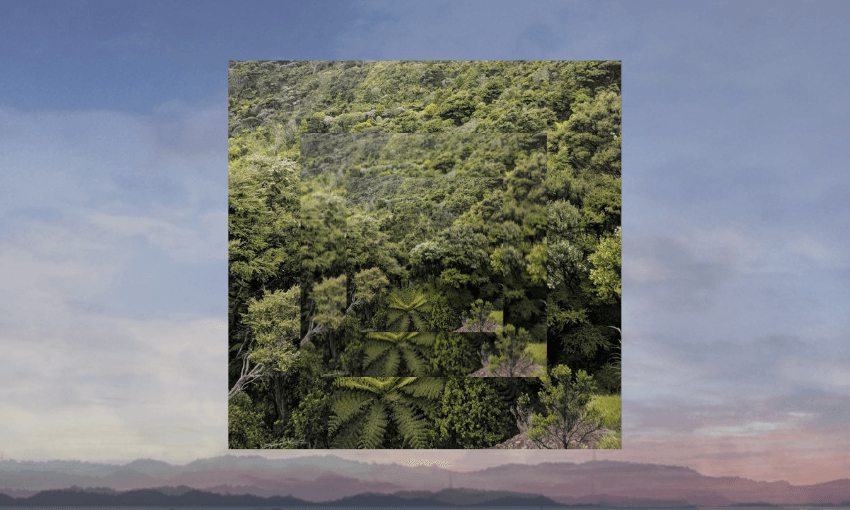 A digital artwork depicting a lush green forest with an overlaid square grid of similar forest images. The background shows a gradient sky with shades of blue and pink, resembling sunrise or sunset.