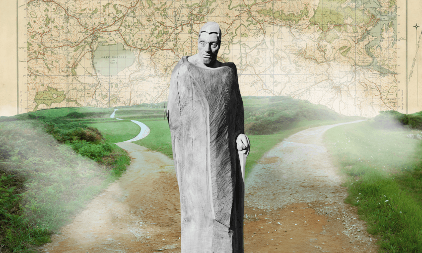 A stone statue of a person stands at a forked dirt path in a green landscape, with an old-fashioned map overlaid in the background. Mist partially obscures the ground and the paths.