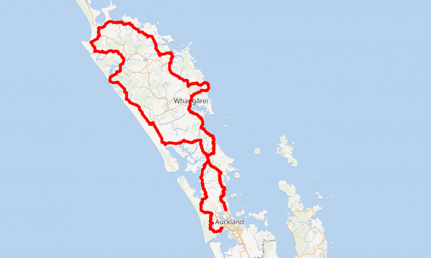A map showing northern New Zealand, with a red line marking a route starting from Auckland, passing through Whangārei, and looping around the Northland region.