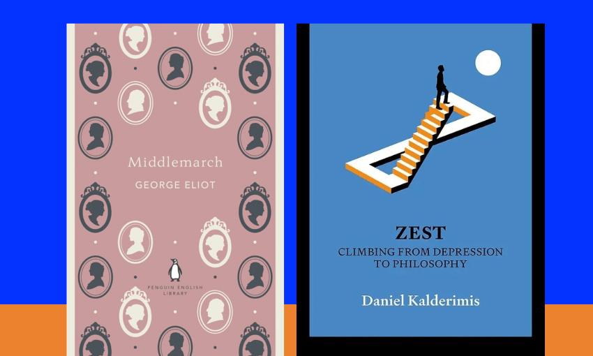 The cover of Middlemarch by George Eliot next to the cover of Zest by Daniel Kalderimis. 