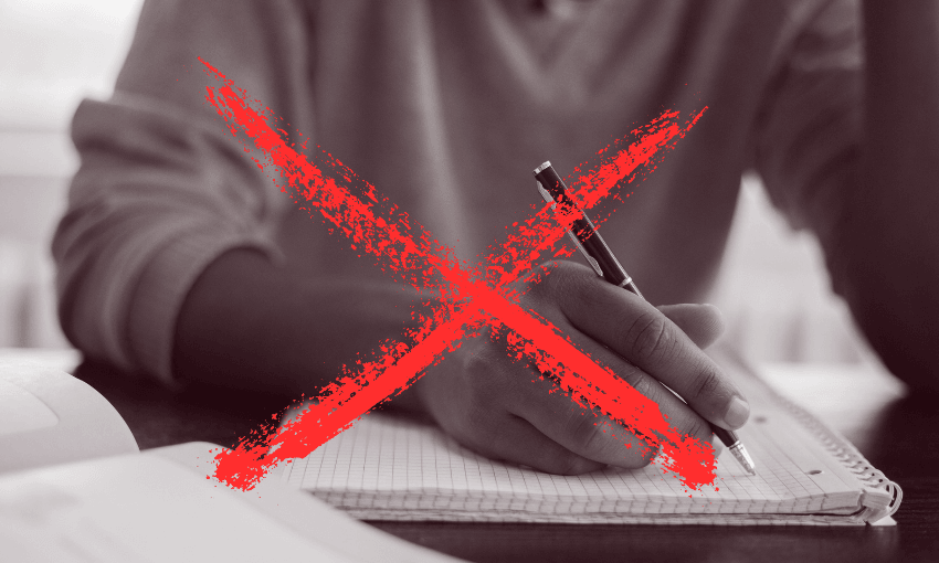 A photograph of a person putting pen to paper with a red X on top.