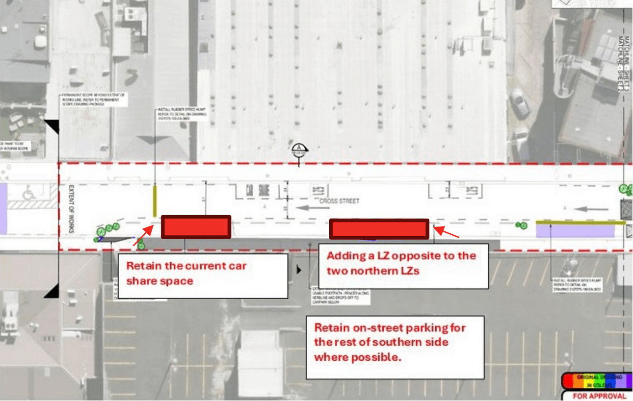 plan of cross street showing parking space and loading zones