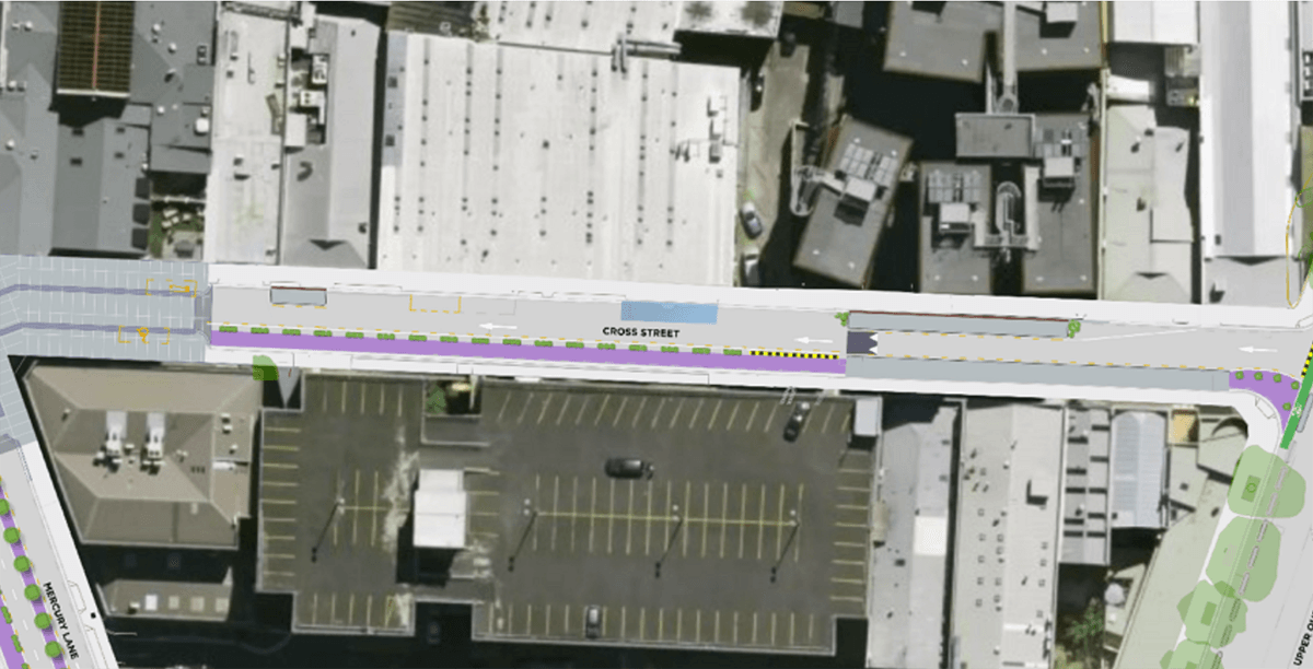 The 2023 plan for Cross Street. with wide footpath all the way down the south side