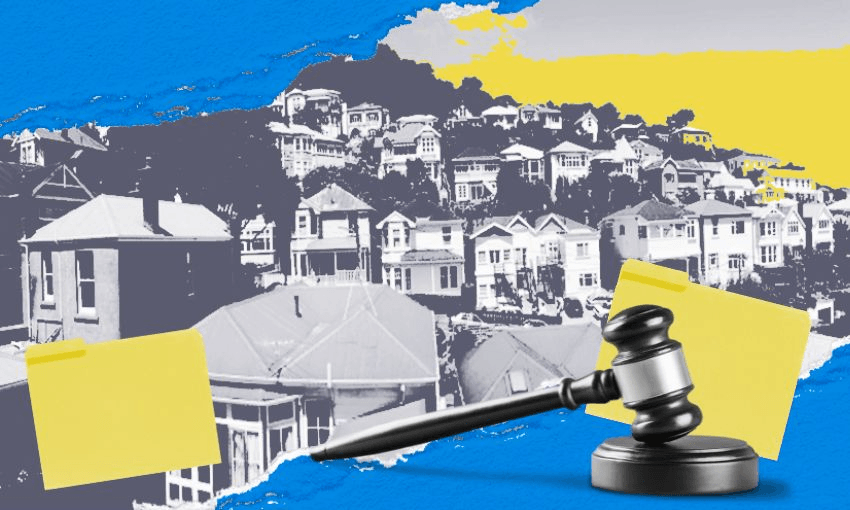 A collage features a grayscale row of houses, yellow sticky notes, and a judge’s gavel and block. The background is abstract with blue and yellow paint strokes.