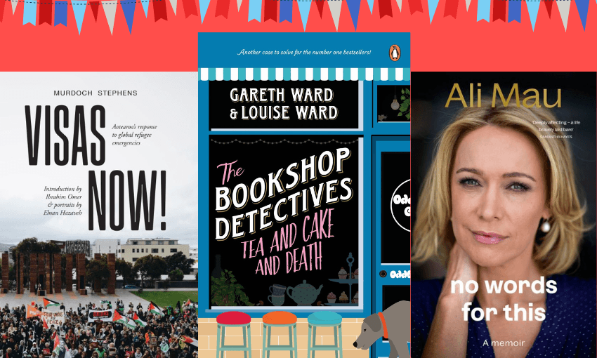 Three book covers with bunting above them.