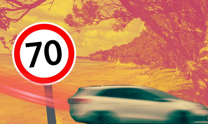 A blurred white car speeds past a 70 km/h speed limit sign on a scenic, tree-lined coastal road with a yellow and orange color filter.