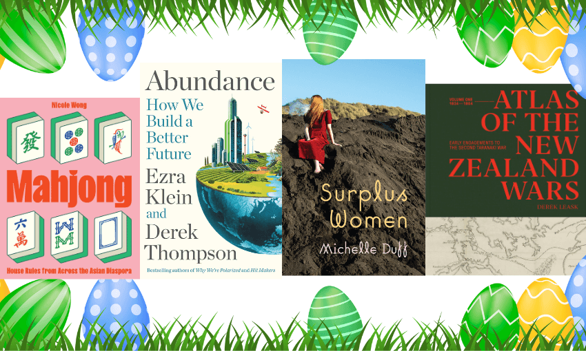 Four book covers with grass and easter eggs below and above them.