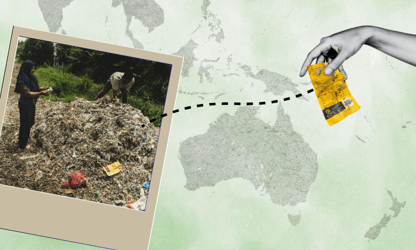 A collage shows a photo of people inspecting a plastic pile outdoors, next to an illustrated hand holding a yellow object with batteries. A dotted line connects the photo and hand, set against a green-toned world map background.