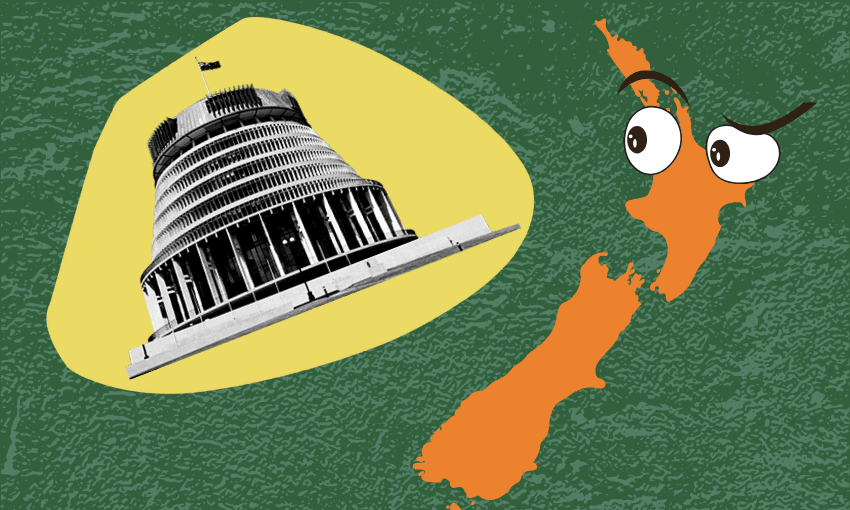 An illustration showing a tilted beehive-shaped building with the New Zealand map beside it. The map has cartoon-like eyes looking at the building. The background is a textured green with a yellow shape behind the building.