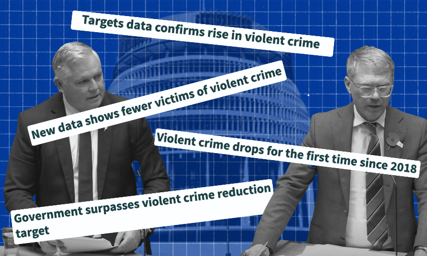 Two men in suits, Mark Mitchell and Paul Goldsmith, stand in front of a blue grid background with a domed building (the Beehive). Headlines about violent crime trends—some noting rises, others declines—are overlaid across the image.