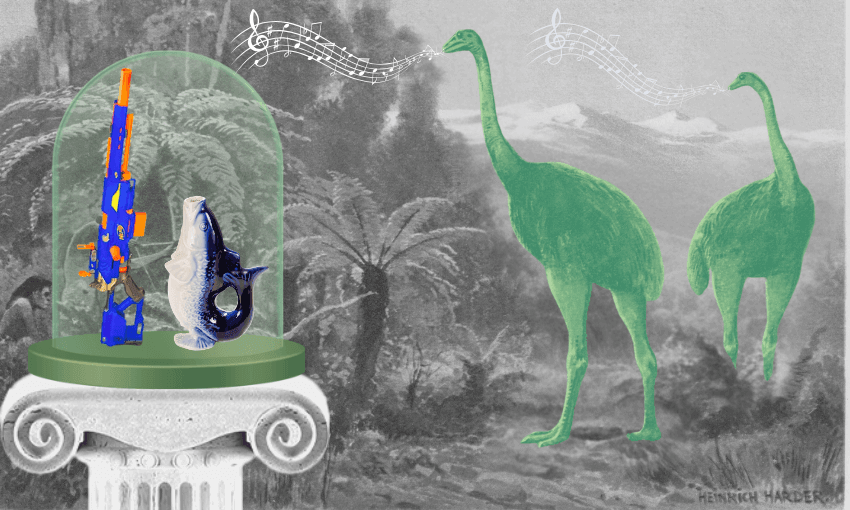 A toy Nerf gun and a fish ornament are displayed in a glass dome on a pedestal. In the background, two green extinct birds stand among ferns, with musical notes floating between them. The scene has a surreal, collage-like style.