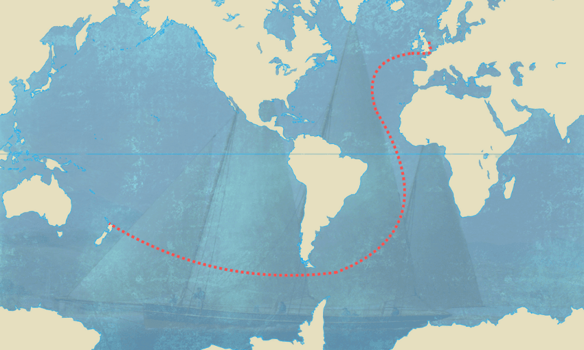 A world map with a red dotted line tracing a sailing route from England, down the Atlantic Ocean, around Africa’s southern tip, and ending in Australia. A faint image of a sailing ship is in the blue ocean background.