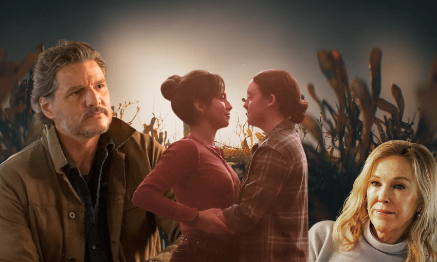 A man (Pedro Pascal as Joel) with a serious expression stands near two women holding each other (Isabela Merced as Dina and Bella Ramsey) as Ellie, set against a backdrop of fungi. A woman (Catherine O'Hara as Gail) looks on thoughtfully.