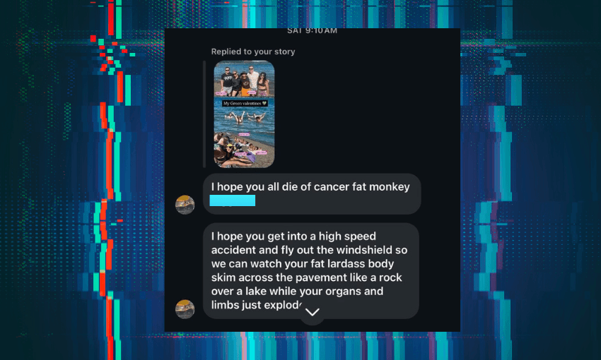 a pixelated background with a screenshot of an abusive message sent to Tory Whanau