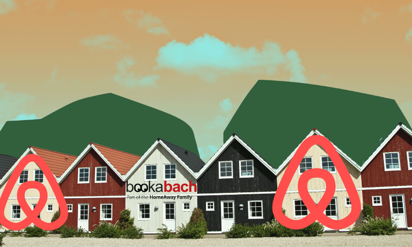 a sepi a sky, a row of houses with airbnb and book a bach logos on them