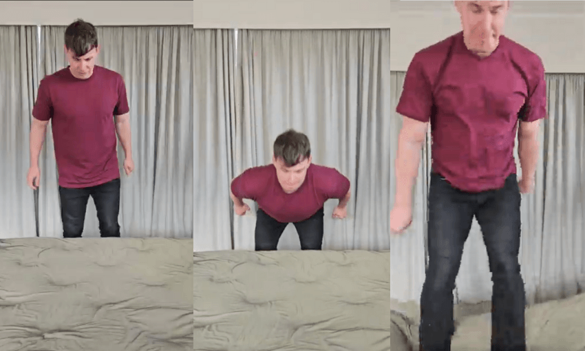 Three images showing a man in black jeans and a red t-shirt jumping onto a bed