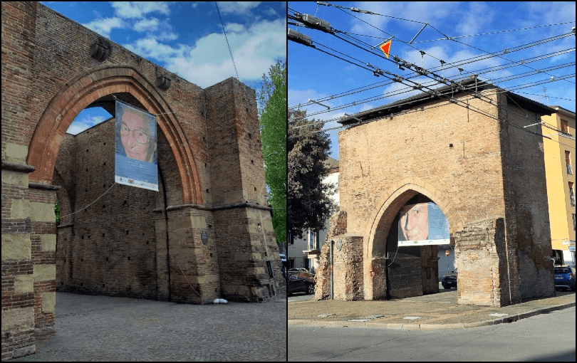 Two views of a medieval brick gate with a large archway, located at a street intersection. A banner with a woman's face hangs from the arch. Blue sky and overhead wires are visible.