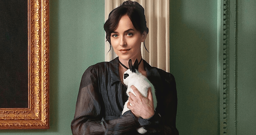 A young woman (Dakota Johnson) holding a rabbit in a poster for Persuasion