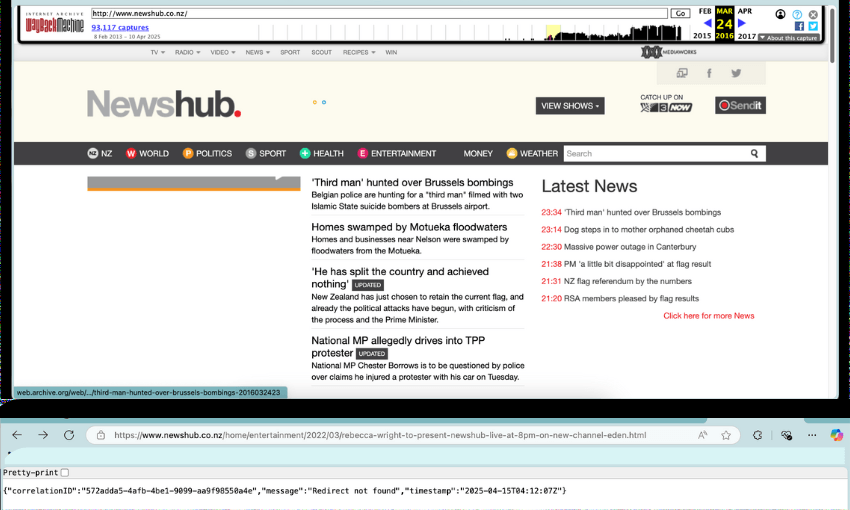 a screenshot of the Newshub website from 2016 and a 'dead domain' redirect