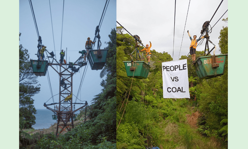 two photos of people climbing into suspended coal carts, one displaying a banner that reads 'people vs coal' with the industrial landscape a contrast to the unfurling tree ferns in the bush