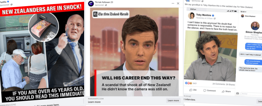 A triptych of online advertisements. The first shows prime minister Chris Luxon and an ATM filled with money, the second features a worried Jack Tame with text about a career scandal, and the third depicts Toby Manhire suggesting something scandalous