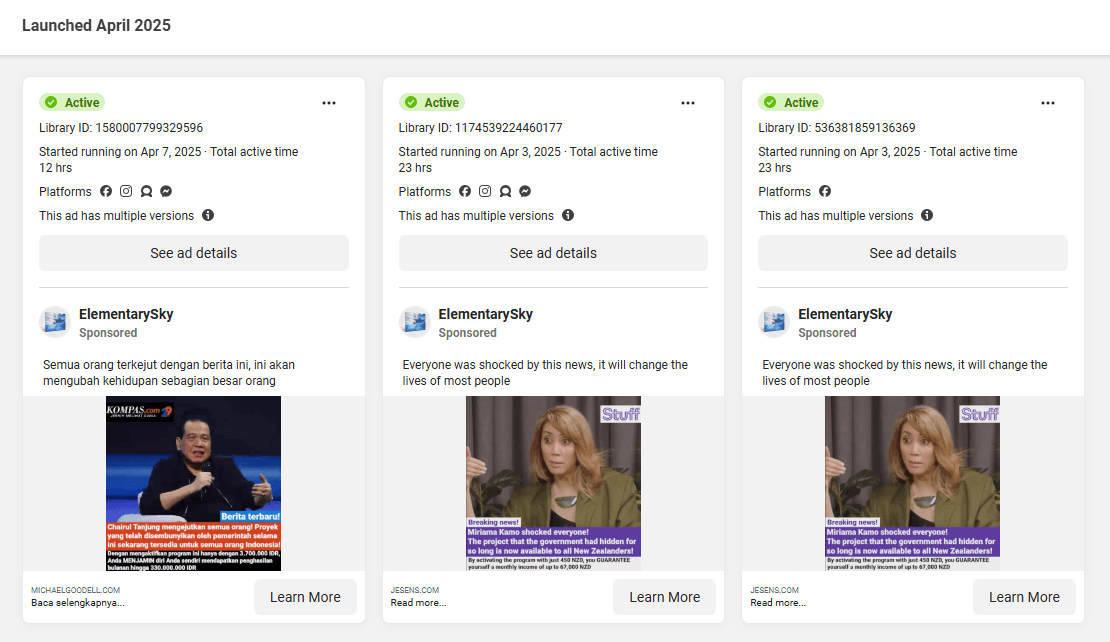 Three digital ad previews feature the same woman gesturing with her hands while presenting. Each ad includes a green "Active" label, a sponsorship tag from "ElementarySky," and varying text overlays in different languages.