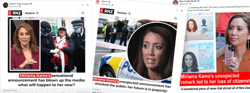 Composite image showing various headlines featuring Miriama Kamo. Headlines reference sensational announcements, shocks to the public, and loss of citizenship. Images include police presence and media coverage.