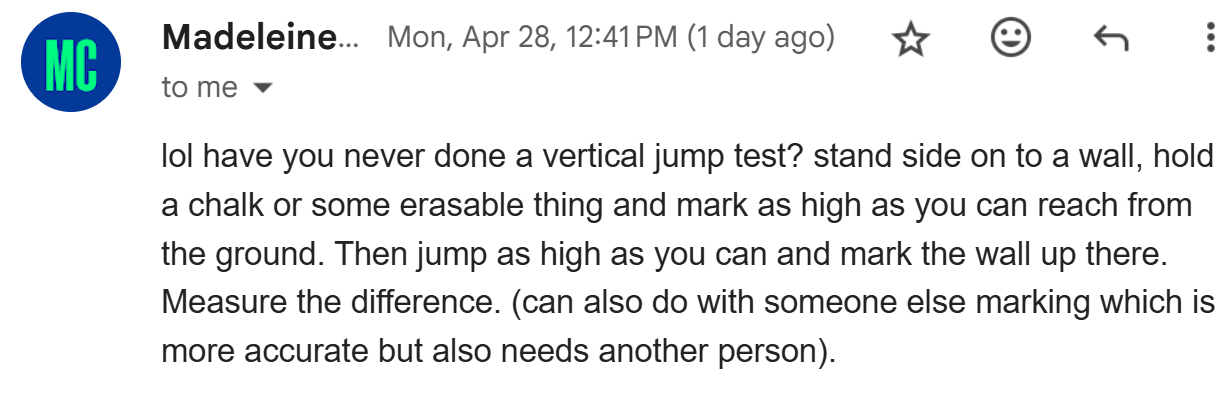 a screenshot of an email from Madeleine Chapman explaining what a vertical jump test is