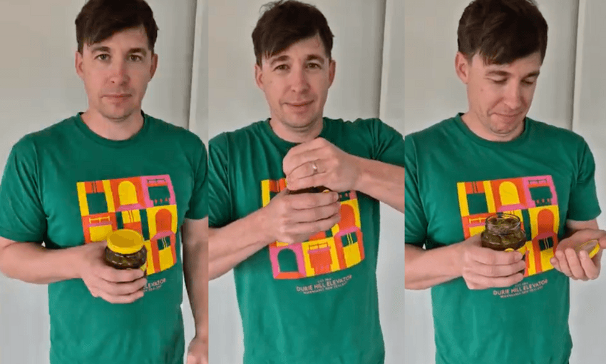 Three images showing a man in a green shirt opening a jar