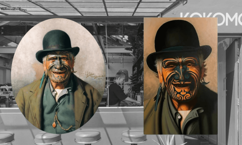 Side-by-side portraits of a smiling man with a bowler hat and traditional Maori facial tattoos, set against a dark green background. The left image is oval-shaped and realistic, the right is rectangular and more stylised.