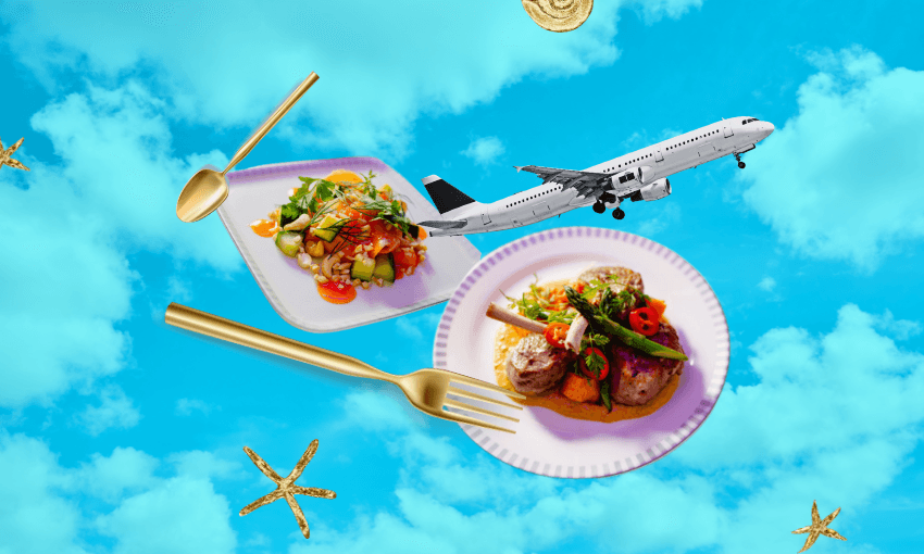 Two white plates of food are featured on a background of clouds. The dishes look to both feature a piece of meat with vegetables and garnish on top. A plane is collaged to the right of these and there are two golden forks overlaid as well.