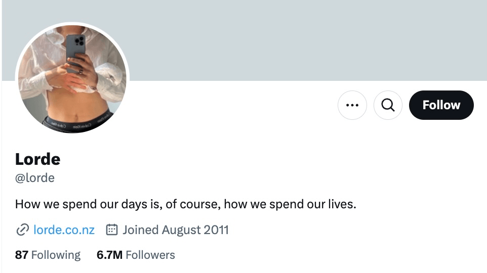 A screenshot of Lorde's X page with the tagline "how we spend our days is, of course, how we spend our lives"