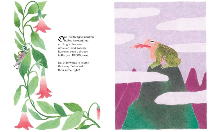 An illustration of a floral border and opposite an illustration of a frog sitting on top of a volcano.