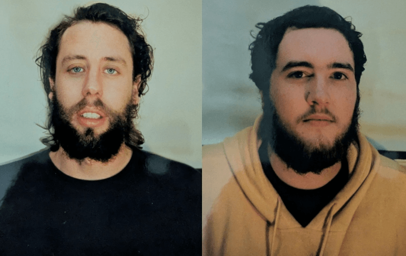 Two men with beards are shown in separate side-by-side headshots. The man on the left has light eyes, curly dark hair, and wears a dark shirt. The man on the right has dark hair, wears a yellow hoodie, and has a trimmed beard.