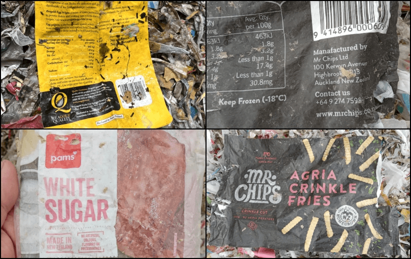 A collage of discarded packaging in a landfill, including labels for white sugar and crinkle fries. The packaging shows signs of wear and dirt, with text indicating product and manufacturing details. The background is filled with assorted waste materials.