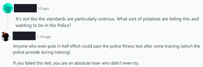 Screenshot of an online comment thread where one user questions the ease of police fitness tests, calling out "potatoes" who fail, and another user replies that only those who didn't try at all would fail the test.