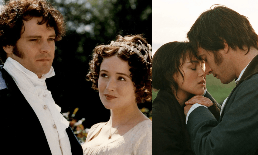 two portraits of couples, both Mr Darcy and Elizabeth Bennet in film adaptations of Pride and Prejudice