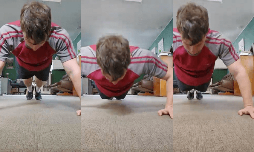 Three images showing a man in a red t-shirt doing press ups