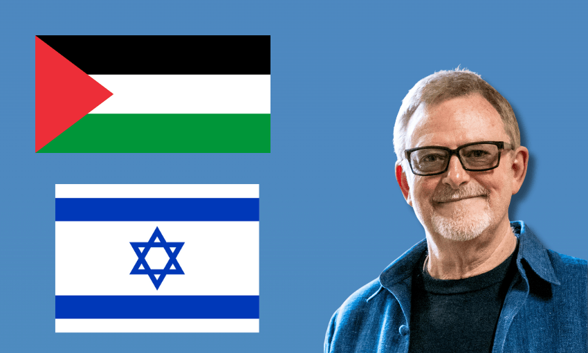 Stephen Rainbow smiling and wearing sunglasses next to the flags of Palestine and Israel