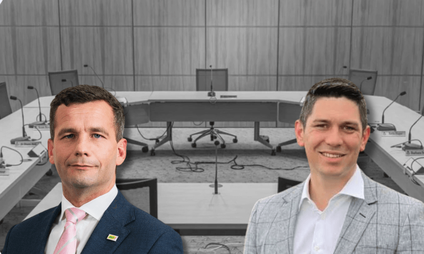 Two men in suits (David Seymour and James Meager) are digitally superimposed over an select committee hearing room