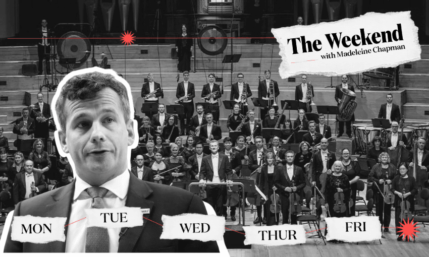 A black and white collage showing david seymour prominently with a background shot of the Auckland Philharmonia and the title card for The Weekend with Madeleine Chapman