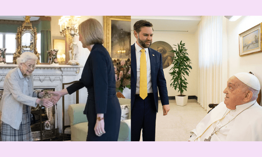 A split image: on the left, an elderly woman in a cardigan and plaid skirt (Queen Elizabeth) shakes hands with a woman in a black dress (Liz Truss); on the right, a seated elderly man in white robes (Pope Francis) looks up at a man in a suit standing beside him (JD Vance)