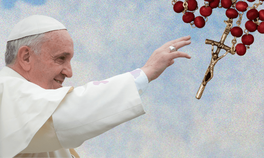 Pope Francis pictured at the canonization of John XXIII and John Paul II, edited to reach towards a rosary.