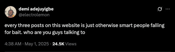 A tweet by demi adejuyigbe (@electrolemon) reads: "every three posts on this website is just otherwise smart people falling for bait. who are you guys talking to". The tweet has 24.5K views.